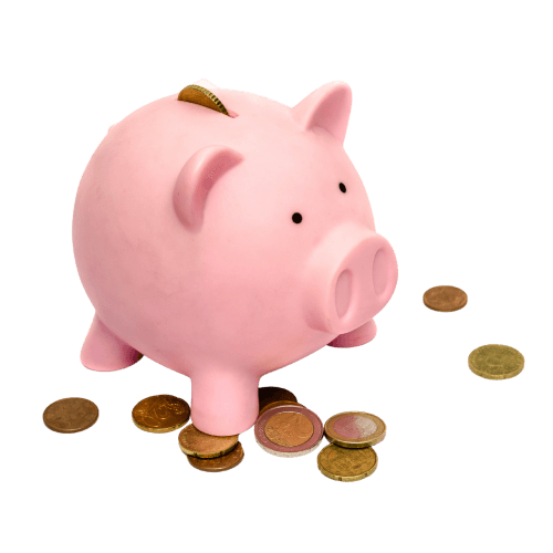 Pink piggy bank surrounded by scattered coins, with a coin inserted in the top slot, on a transparent background