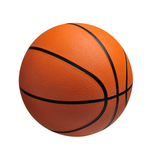 Close-up of an orange basketball with black seams on a transparent background